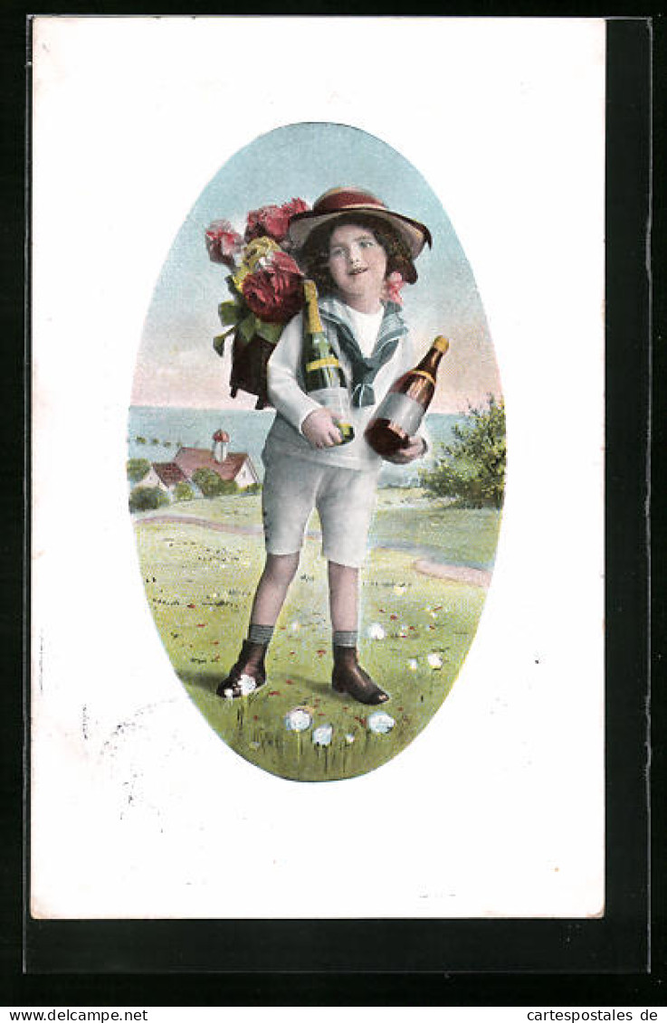 Präge-AK Kleiner Junge Mit Korb Und Weinflaschen  - Vines
