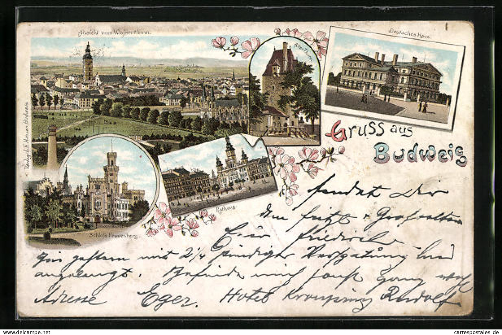 Lithographie Budweis, Deutsches Haus, Schloss Frauenberg, Rathaus  - Tschechische Republik