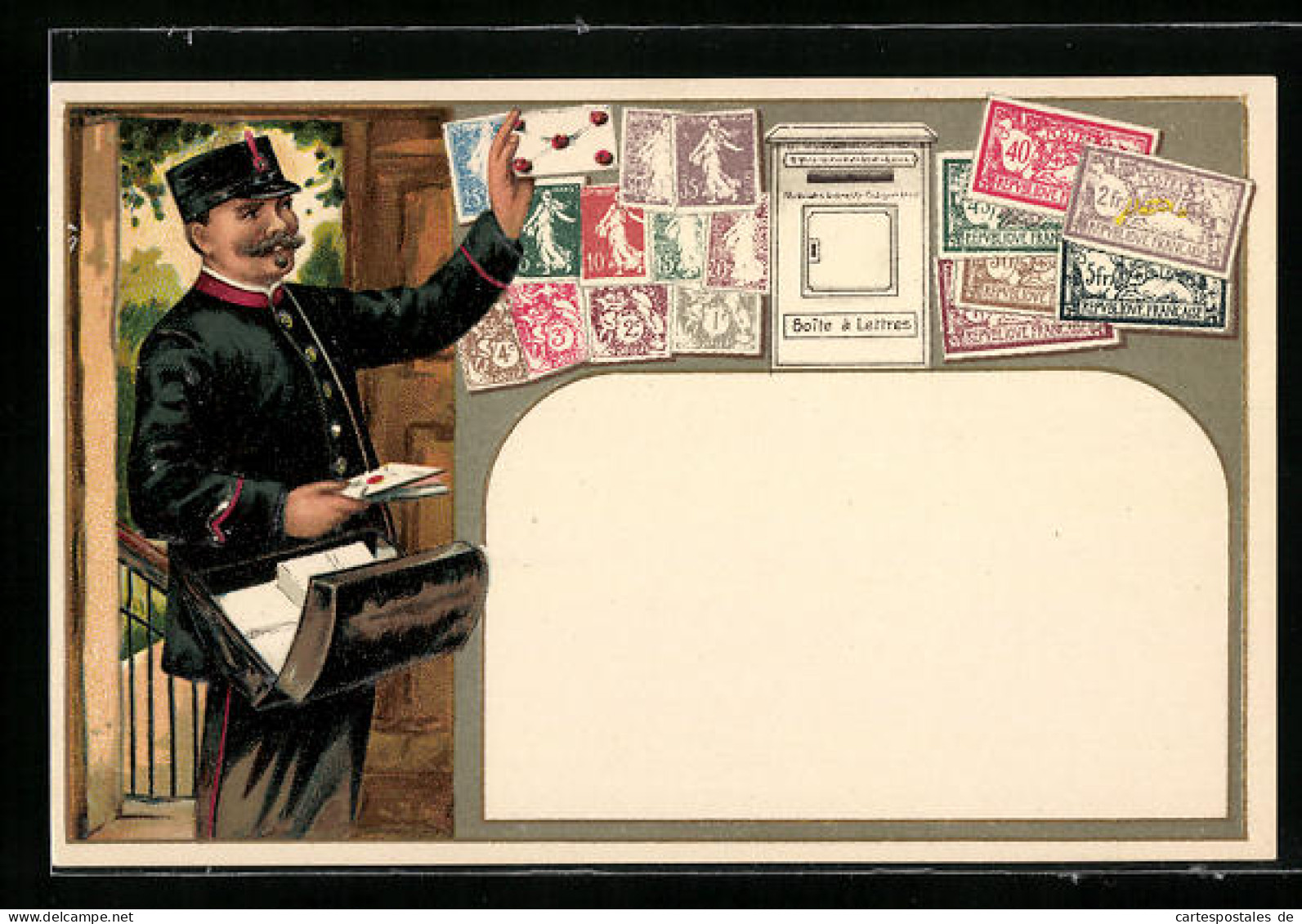 Präge-AK Postbote Mit Briefen Und Briefmarken  - Briefmarken (Abbildungen)