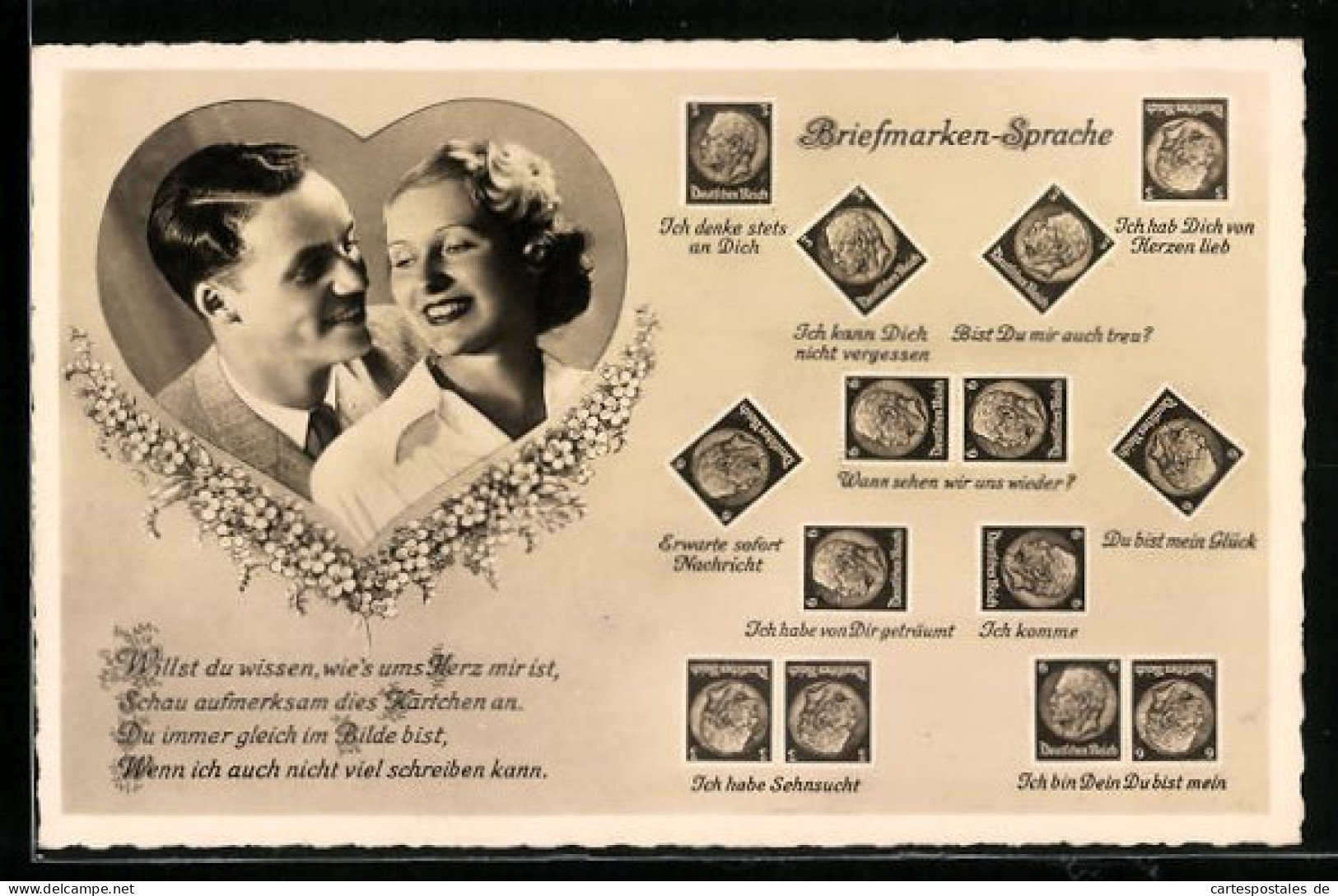 AK Briefmarkensprache, Ich Denke Stets An Dich, Ich Habe Dich Von Herzen Lieb, Du Bist Mein Glück, Ich Habe Sehnsucht  - Stamps (pictures)