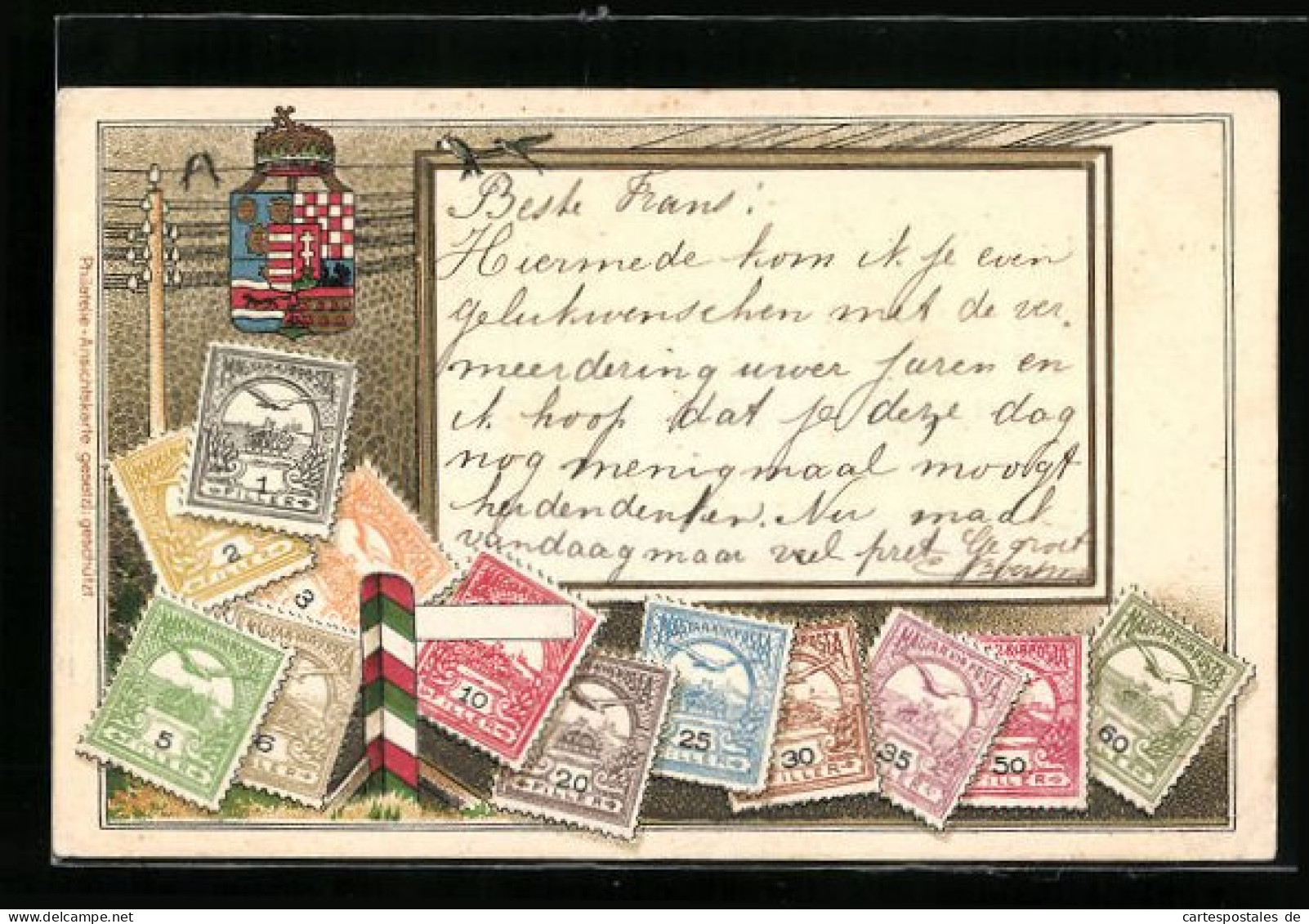 Präge-AK Briefmarken Ungarns, Wappen, Grenzstein  - Stamps (pictures)