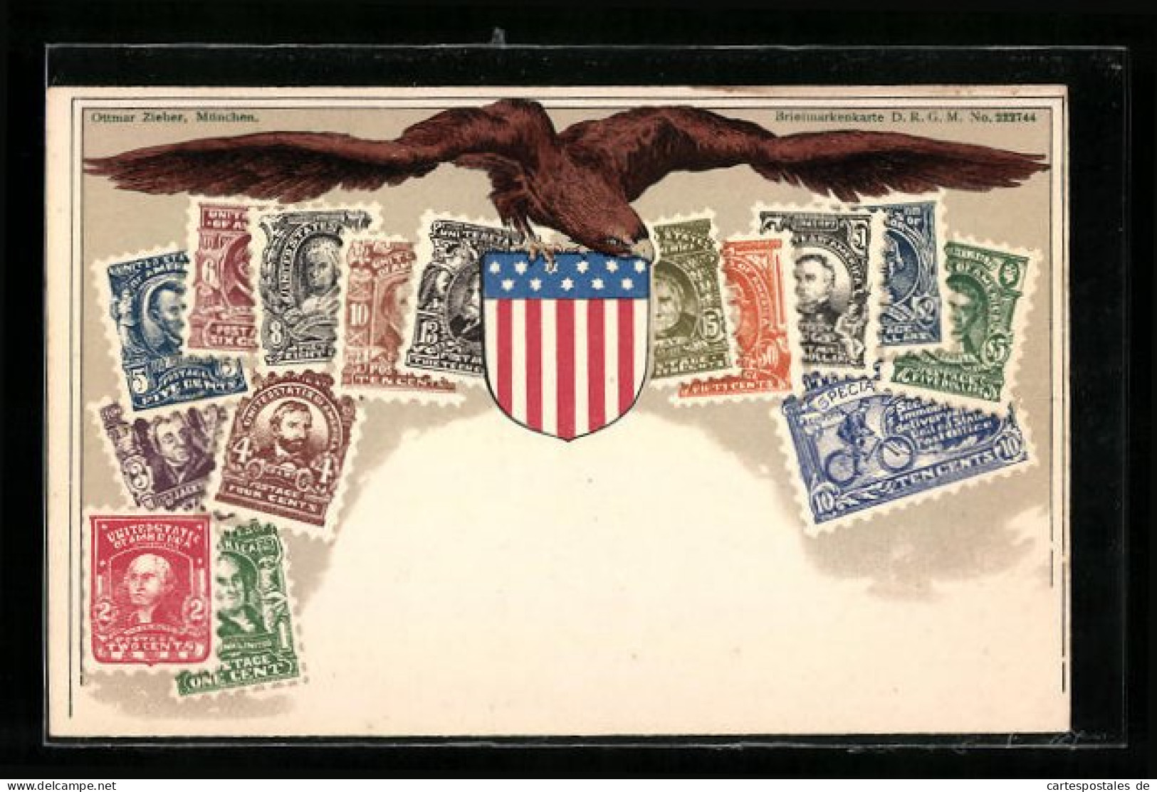 Lithographie Briefmarken Der USA Mit Adler Und Wappen  - Briefmarken (Abbildungen)