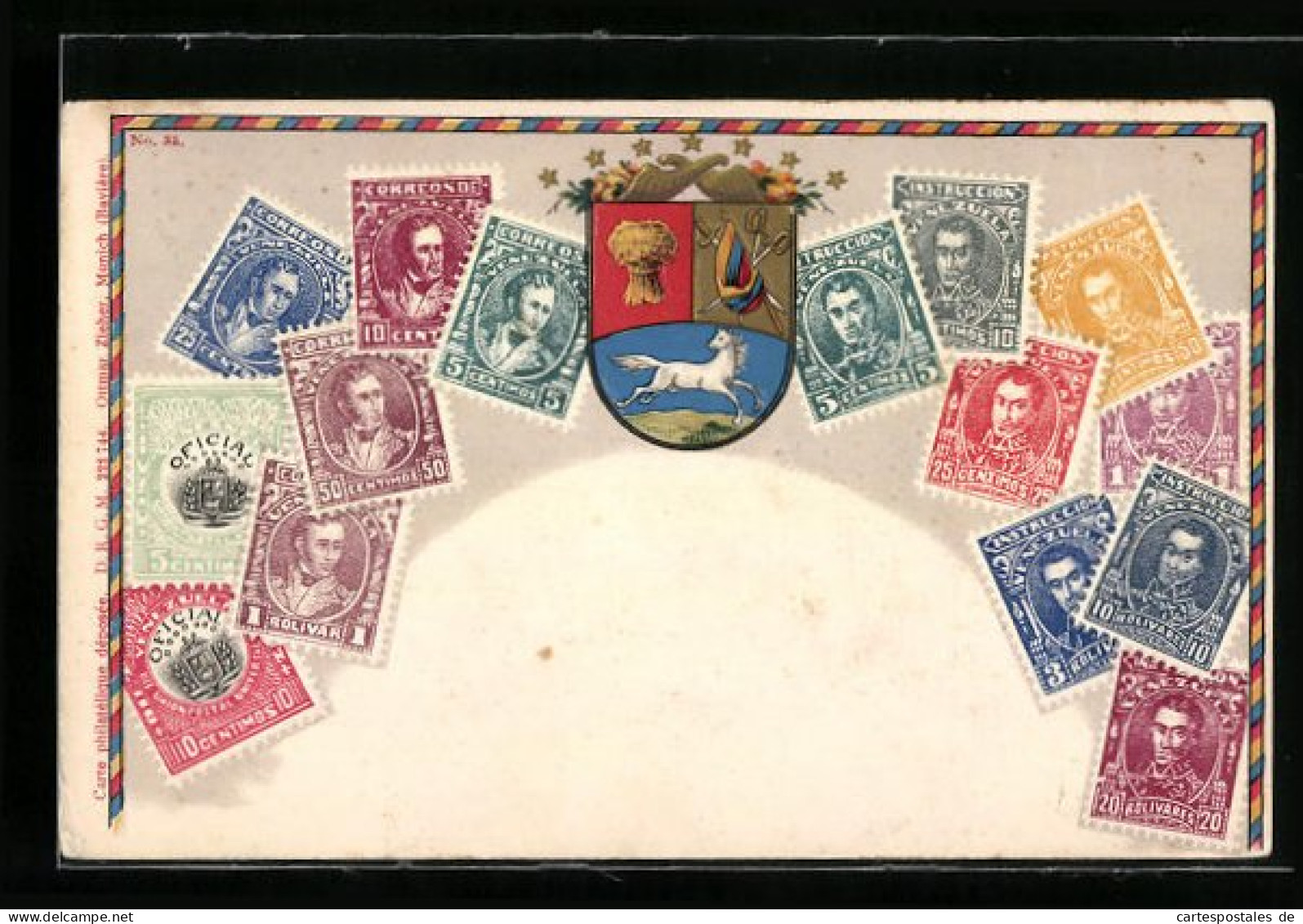 Präge-Lithographie Venezuela, Briefmarken Und Wappen, Bolivar  - Timbres (représentations)