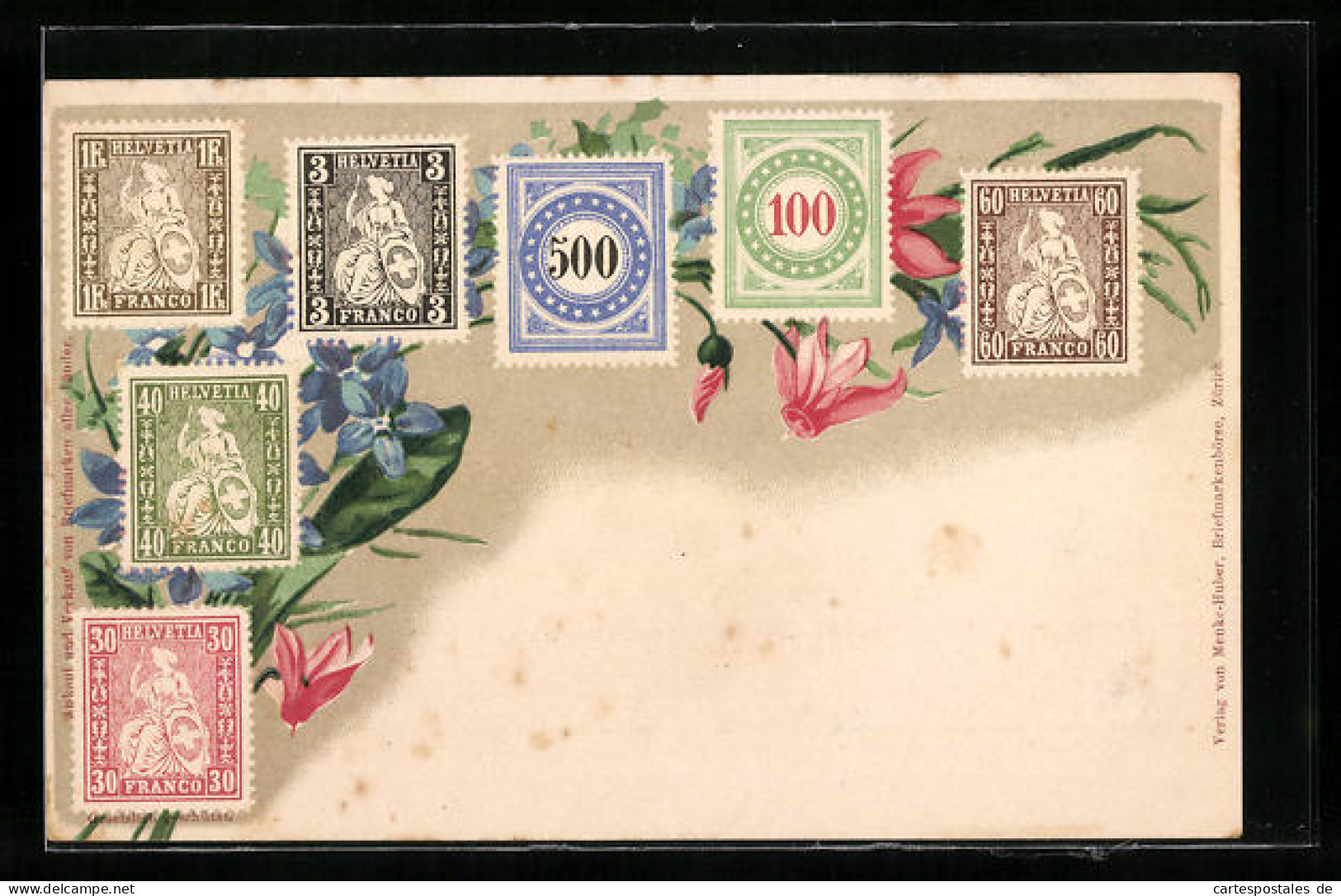 Künstler-AK Schweizer Briefmarken Und Blumen  - Timbres (représentations)