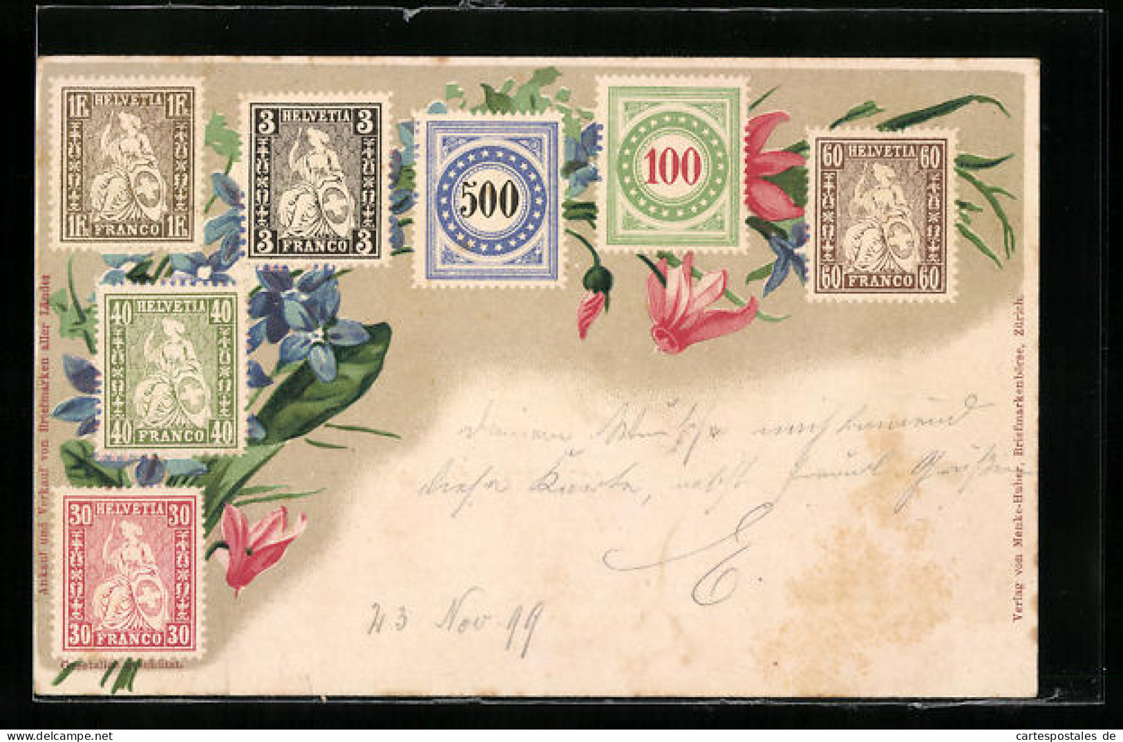 Künstler-AK Schweizer Briefmarken Und Blumen  - Briefmarken (Abbildungen)