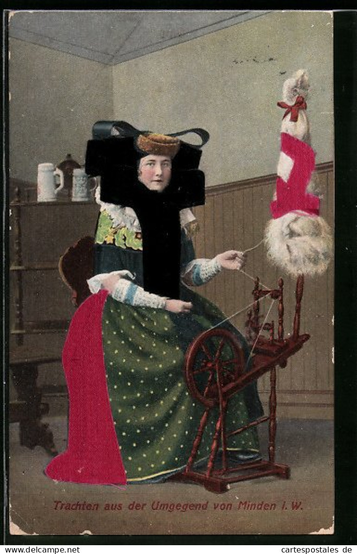 AK Minden I. W., Frau In Tracht Am Spinnrad  - Costumes