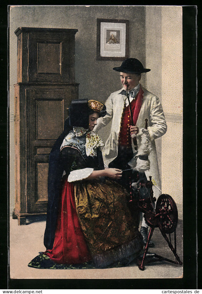 AK Minden, Mann Und Frau In Tracht Am Spinnrad  - Costumes