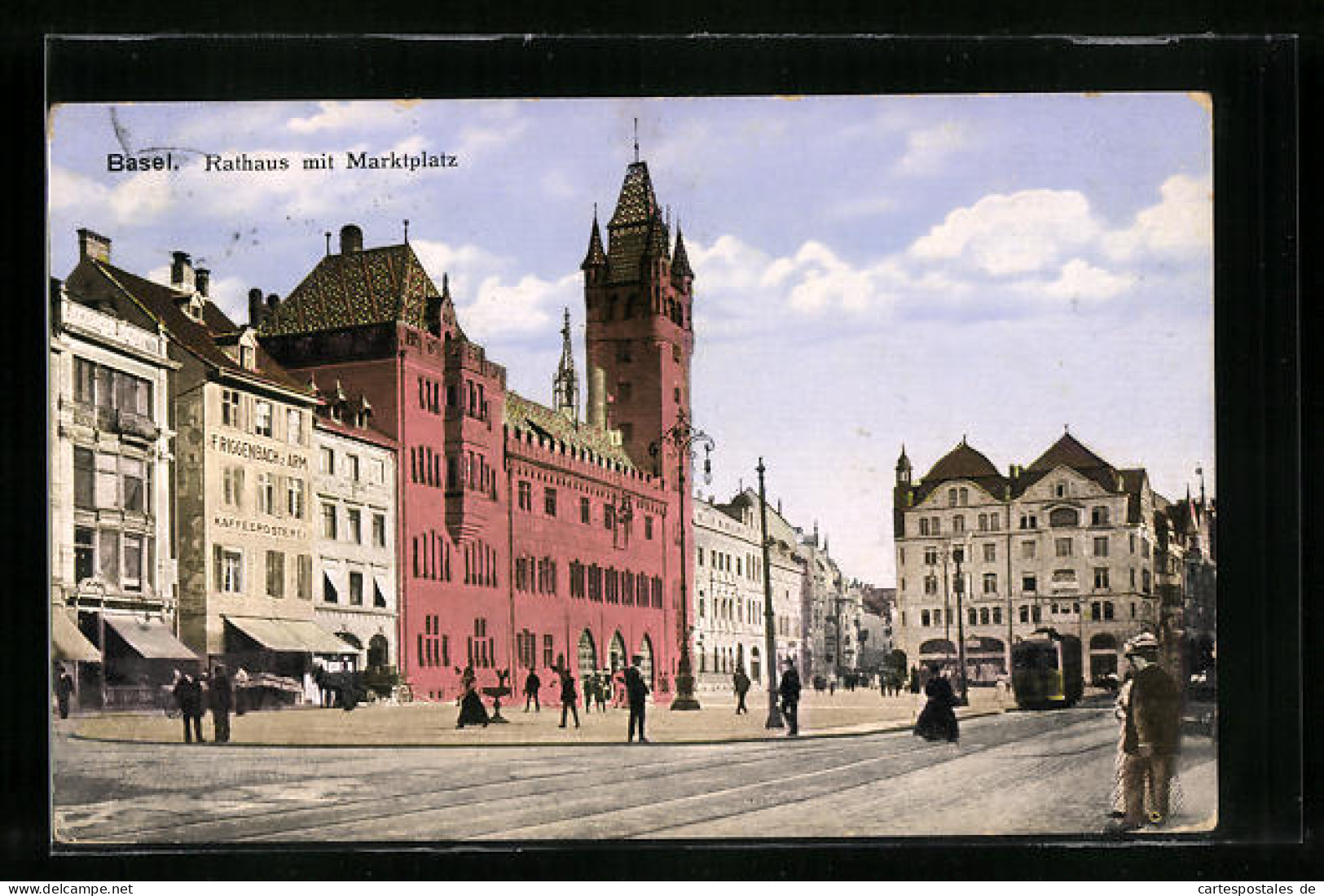 AK Basel, Kaffeerösterei F. Riggenbach Z. Arm Und Rathaus Am Marktplatz Mit Strassenbahn  - Tram
