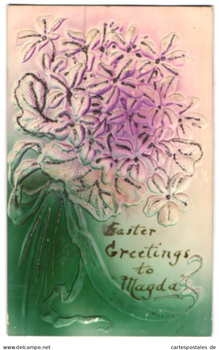 Präge-Airbrush-AK Easter Greetings To Magda, Blumenstrauss  - Other & Unclassified