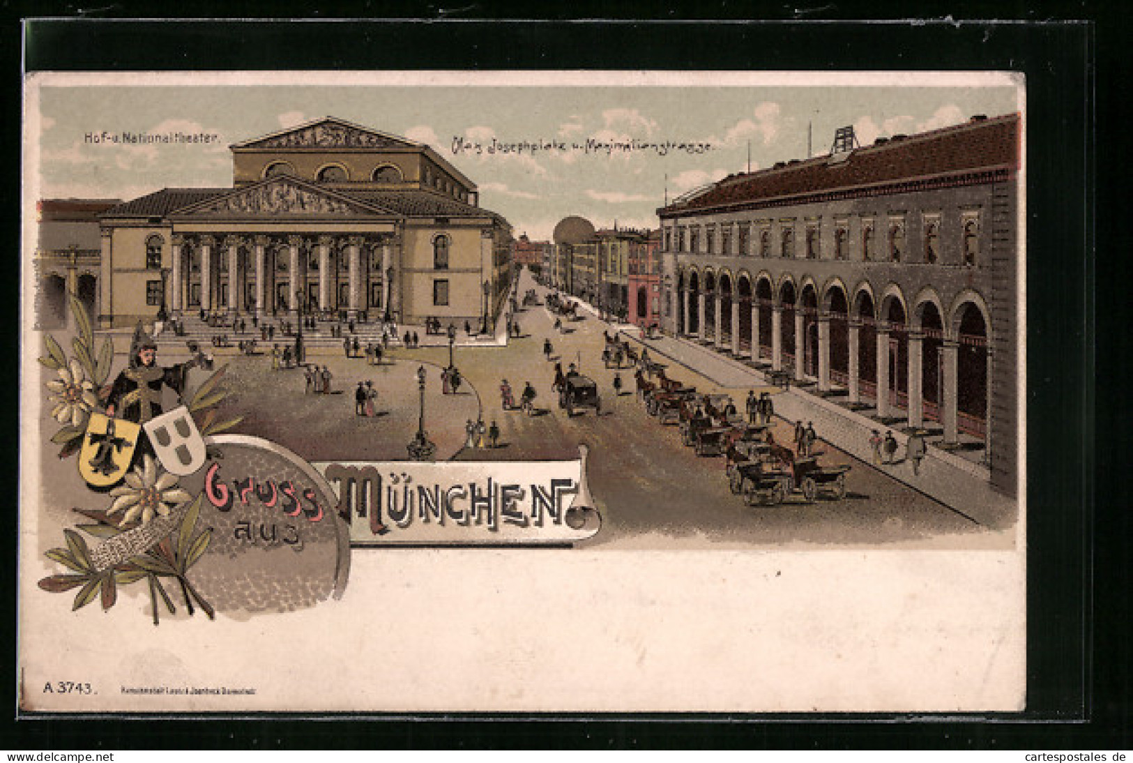 Lithographie München, Max Josephplatz Und Maximilianstrasse Mit Hof- U. Nationaltheater  - Theater