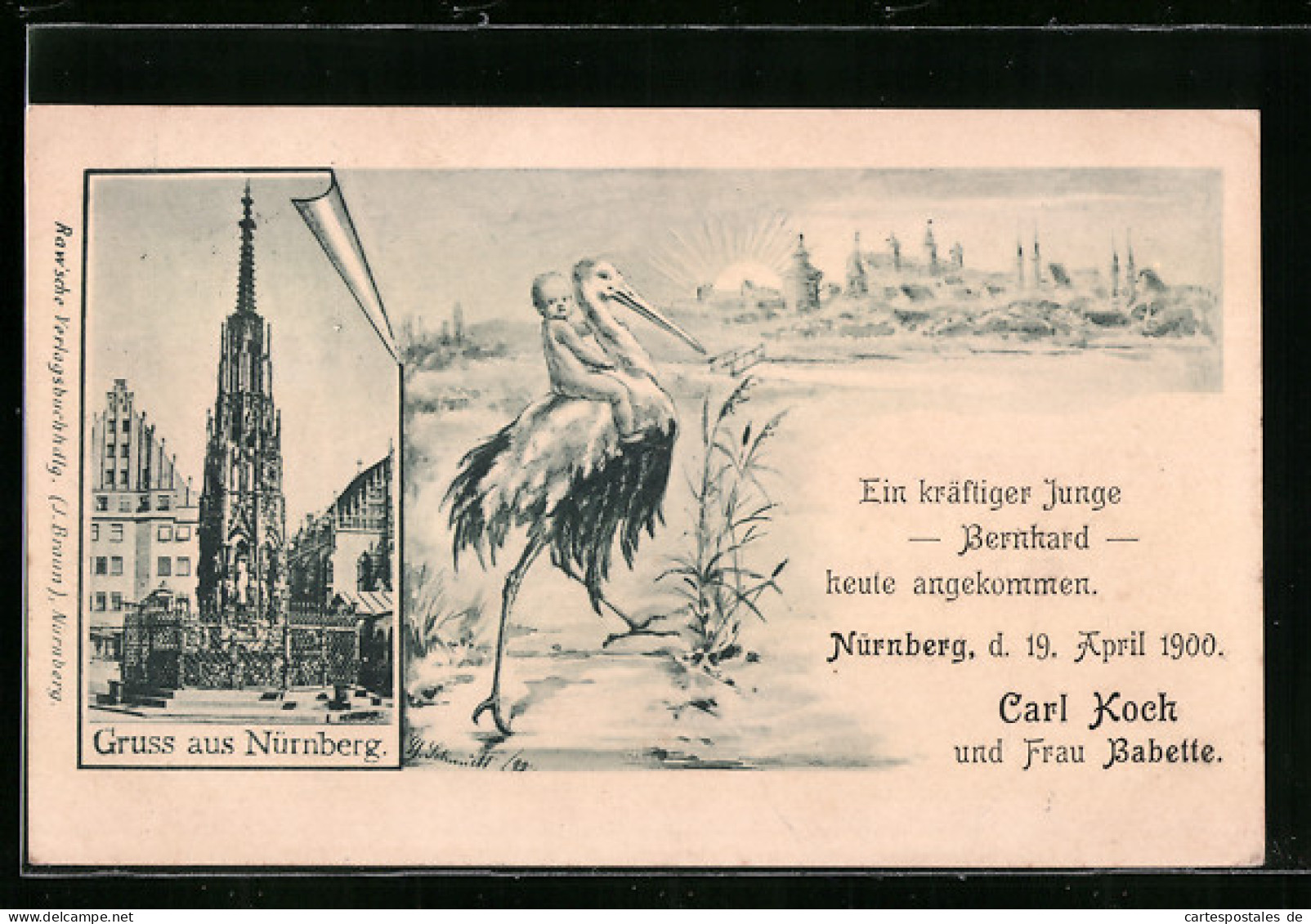 AK Nürnberg, Denkmal, Storch Trägt Ein Baby, Geburtsanzeige Von Bernhard Koch 1900  - Nuernberg