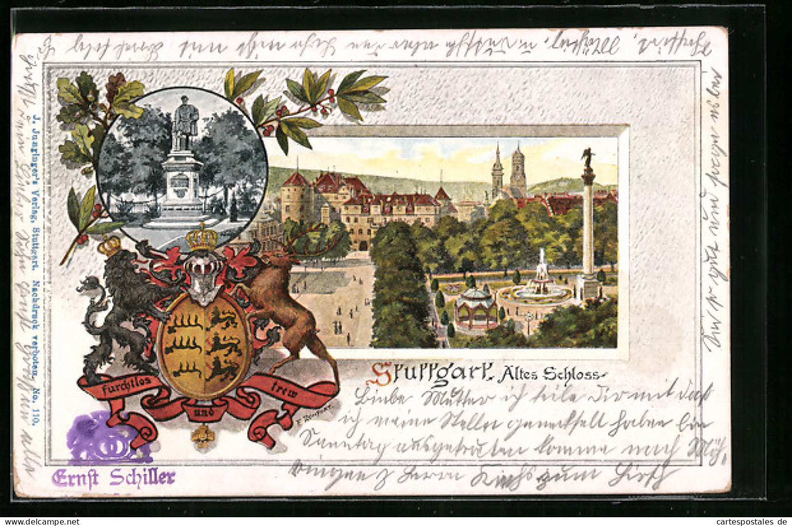 Lithographie Stuttgart, Altes Schloss, Denkmal, Wappen, Passepartout  - Stuttgart