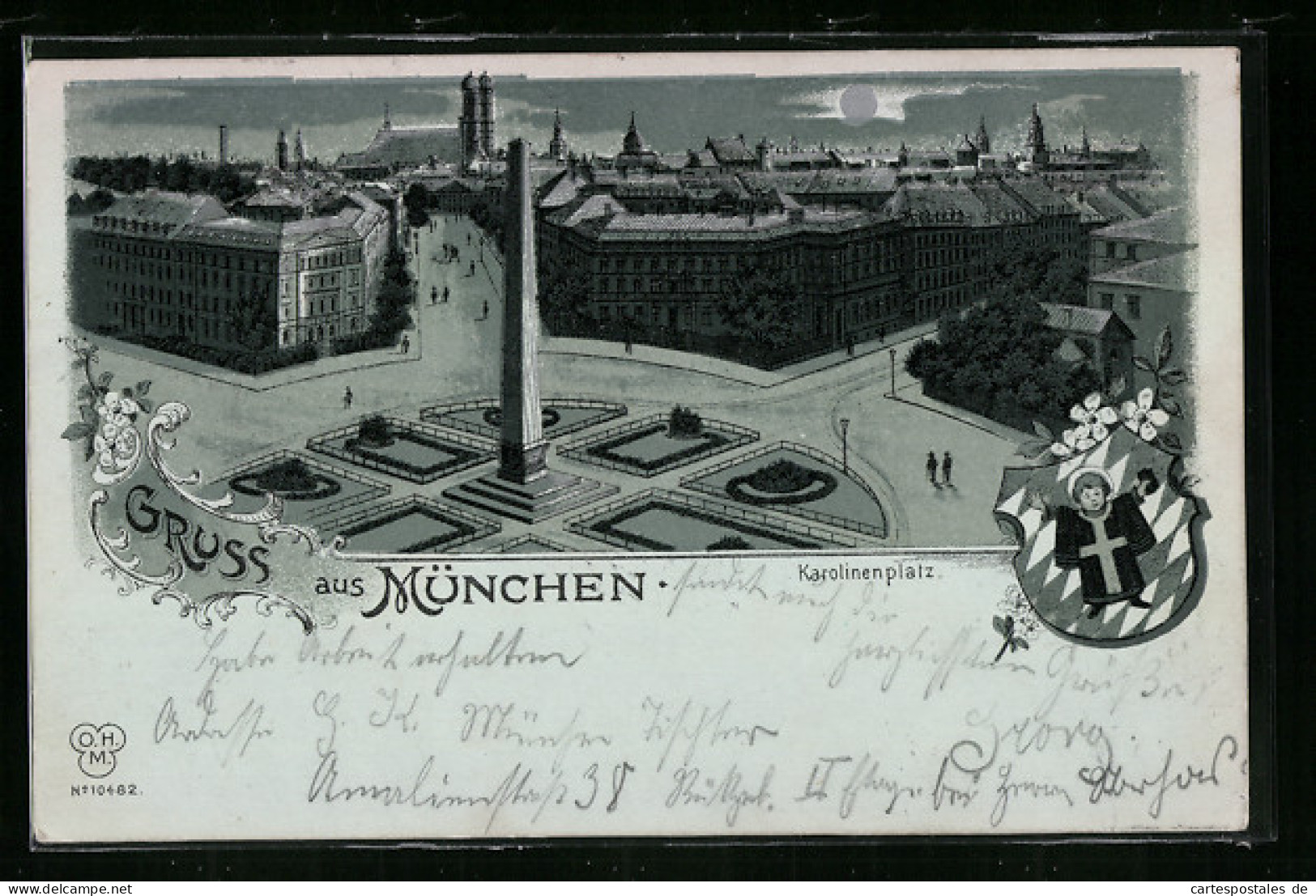 Mondschein-Lithographie München, Karolinenplatz Mit Denkmal, Wappen  - Muenchen