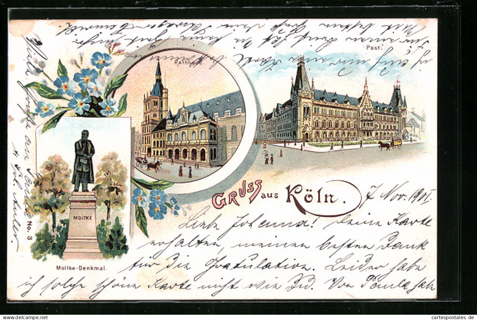 Lithographie Köln, Rathaus, Moltke-Denkmal Und Post  - Köln
