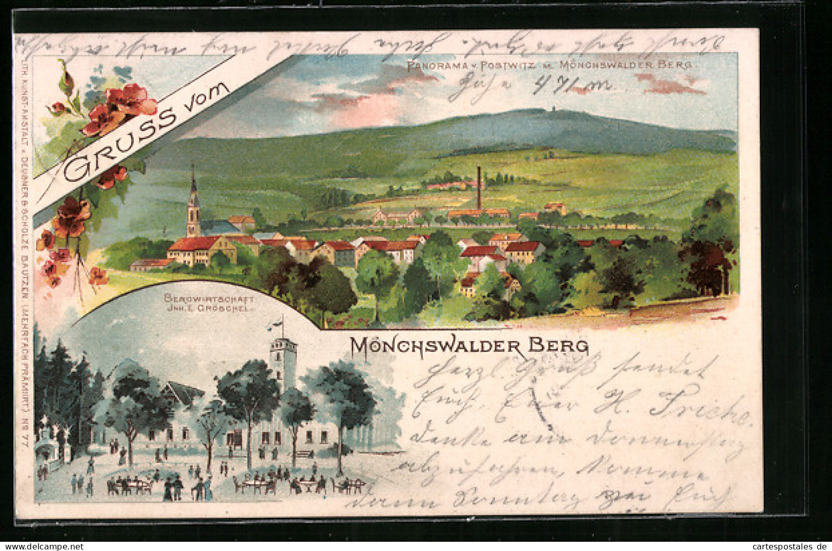 Lithographie Wilthen, Gasthaus Mönchswalder Berg Mit Panorama Von Postwitz  - Wilthen
