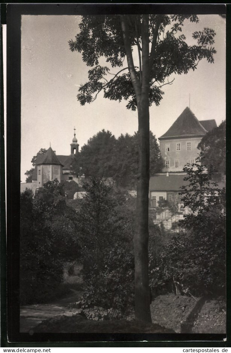 Fotografie Brück & Sohn Meissen, Ansicht Mutzschen I. Sa., Partie Im Ort Mit Kirchturm  - Places