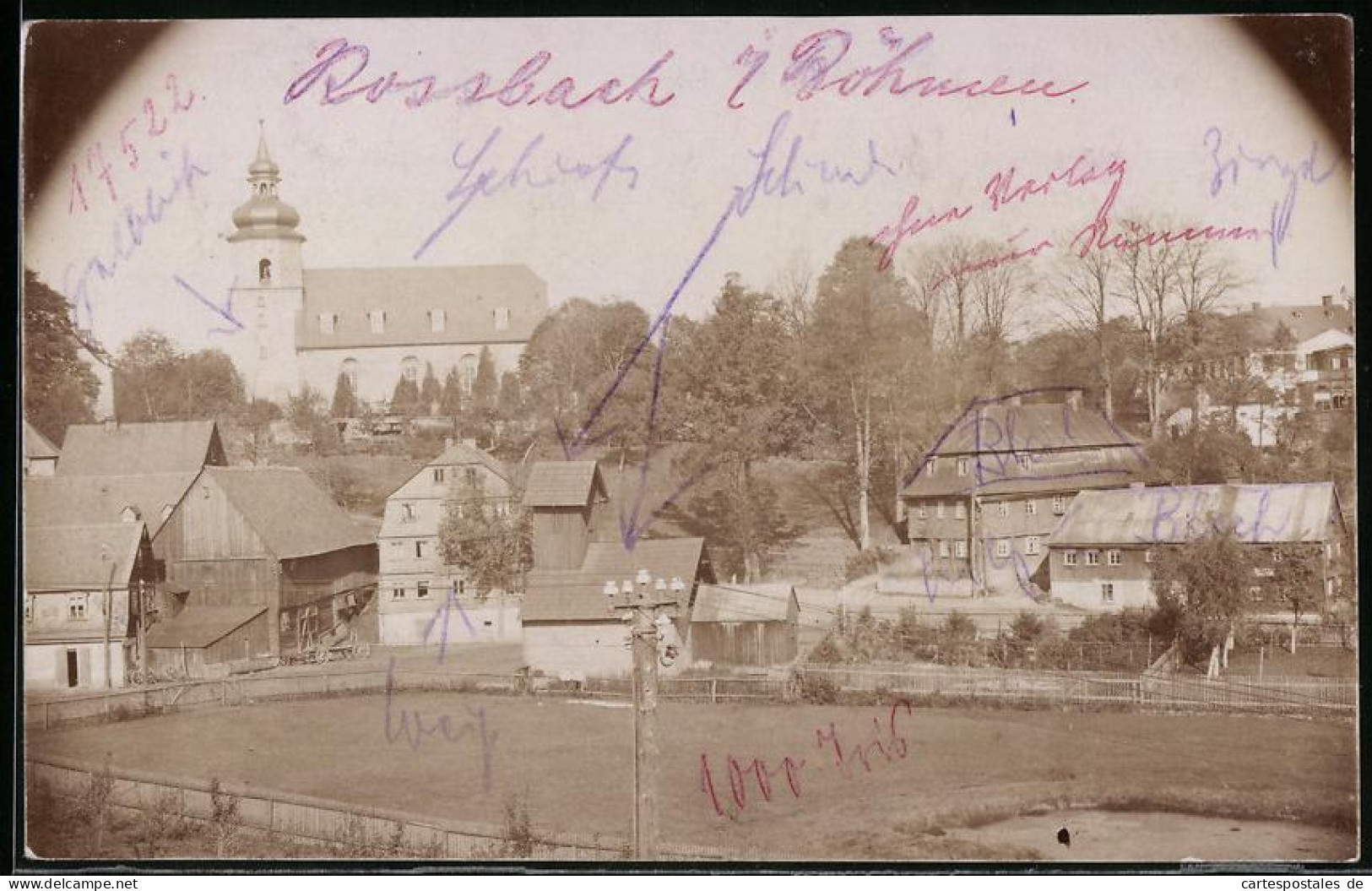 Fotografie Brück & Sohn Meissen, Ansicht Rossbach I. Böh., Blick In Den Ort Mit Kirche  - Lieux