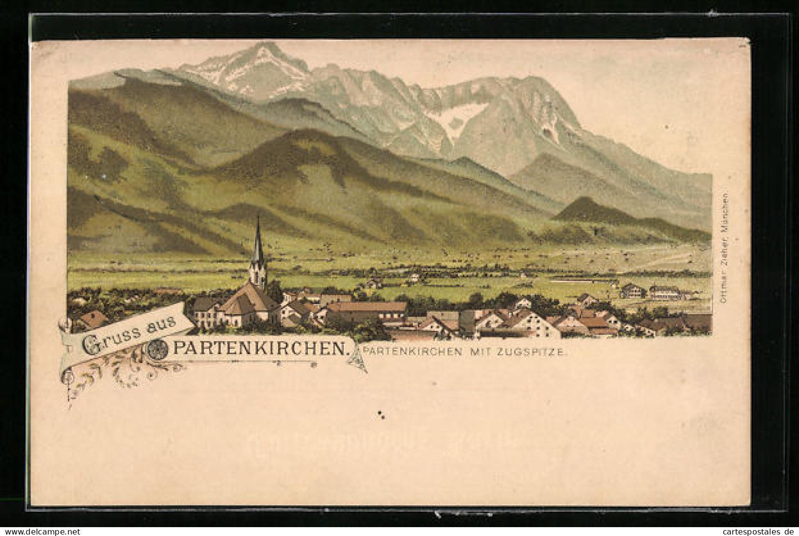 Lithographie Partenkirchen, Ortsansicht Mit Zugspitze  - Zugspitze