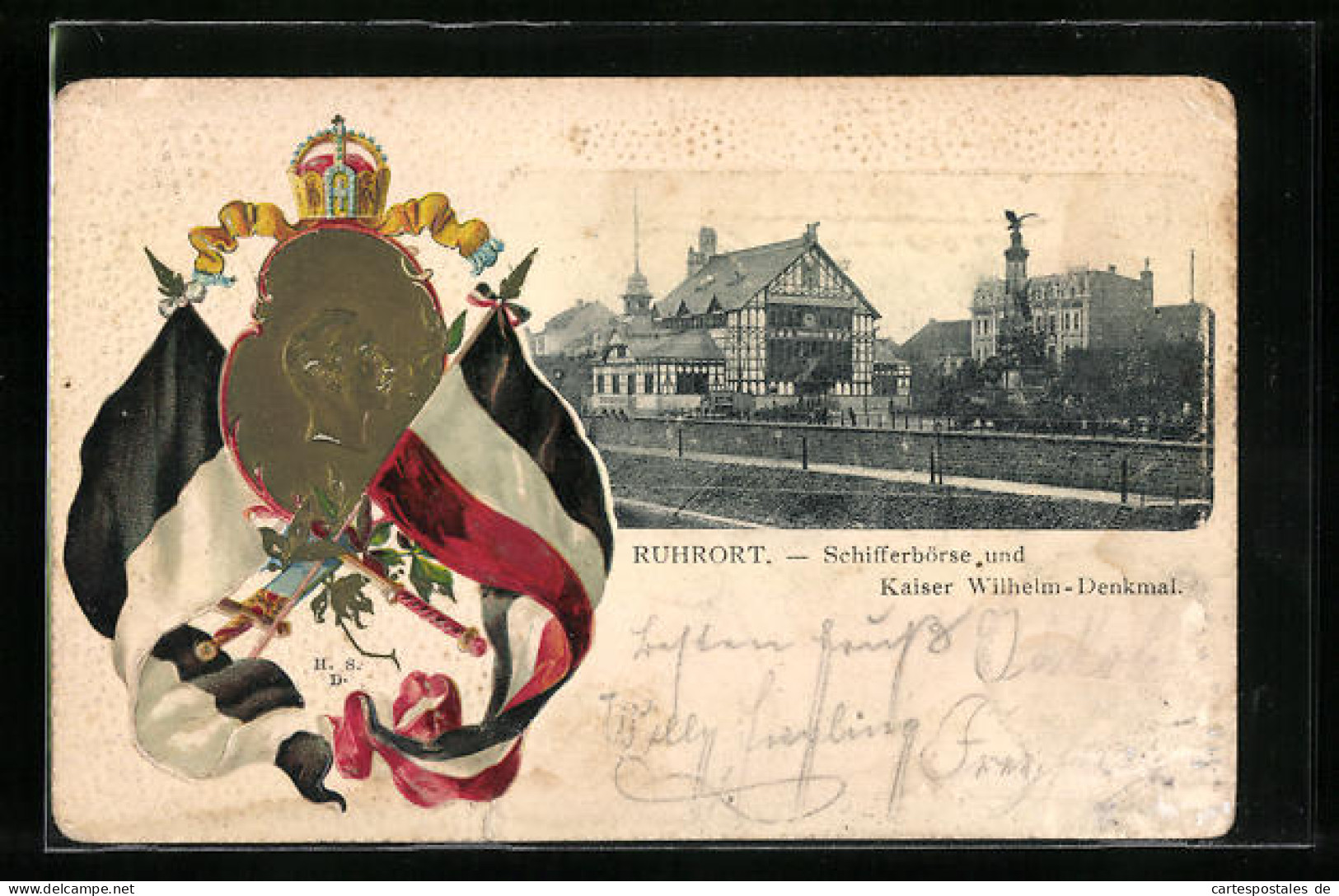 Passepartout-Lithographie Ruhrort, Schifferbörse Und Kaiser Wilhelm-Denkmal  - Other & Unclassified