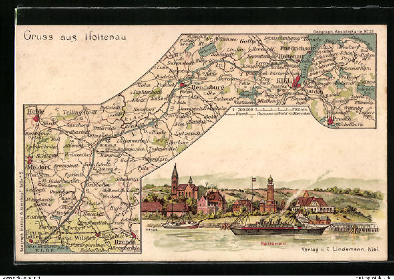 Lithographie Holtenau, Ortsansicht Mit Dampfer, Landkarte  - Maps