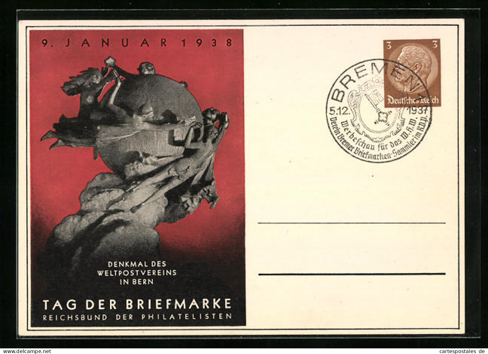 Künstler-AK Tag Der Briefmarke 1938, Reichsbund Der Philatelisten E. V., Ganzsache, Denkmal Des Weltpostvereins In Be  - Sellos (representaciones)