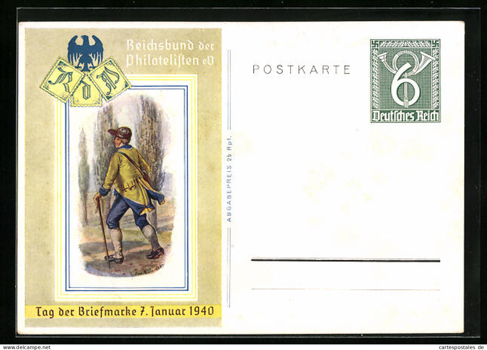 Künstler-AK Reichsbund Der Philatelisten, Tag Der Briefmarke 7. Januar 1940, Postbote, Ganzsache  - Briefmarken (Abbildungen)