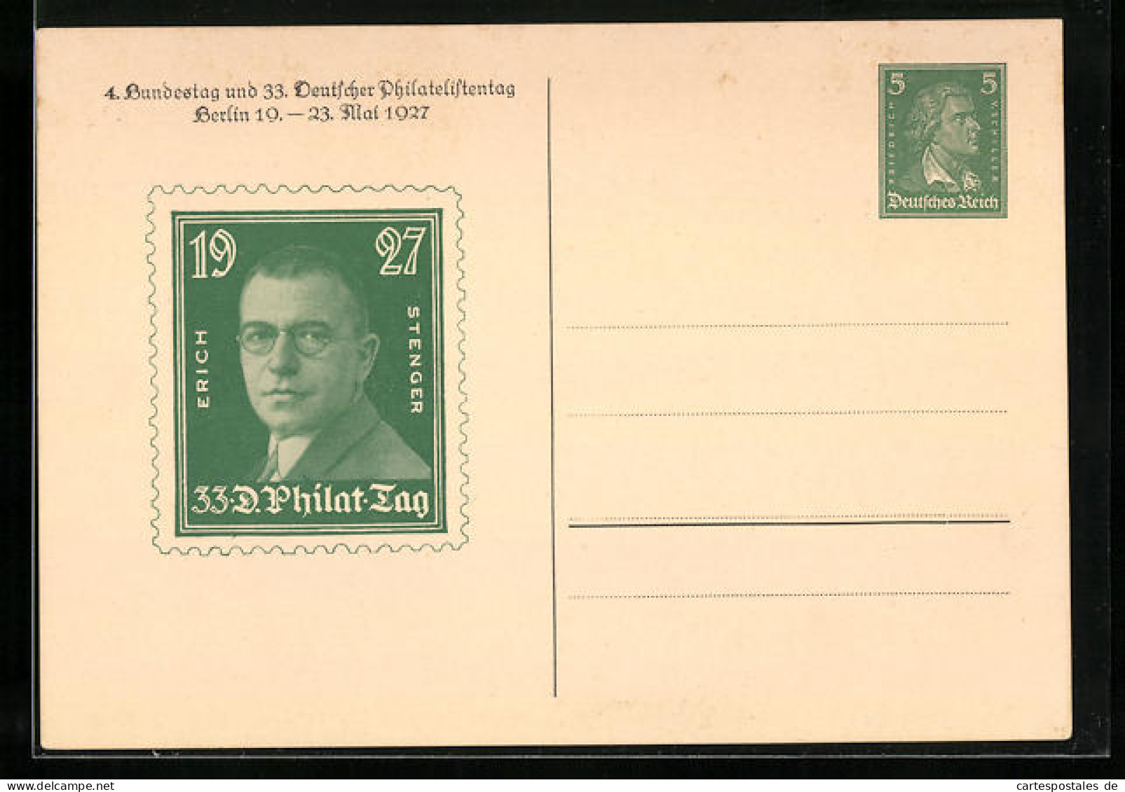 AK Berlin, 4. Bundestag Und 33. Deutscher Philatelistentag 1927, Erich Stenger, Ganzsache  - Timbres (représentations)