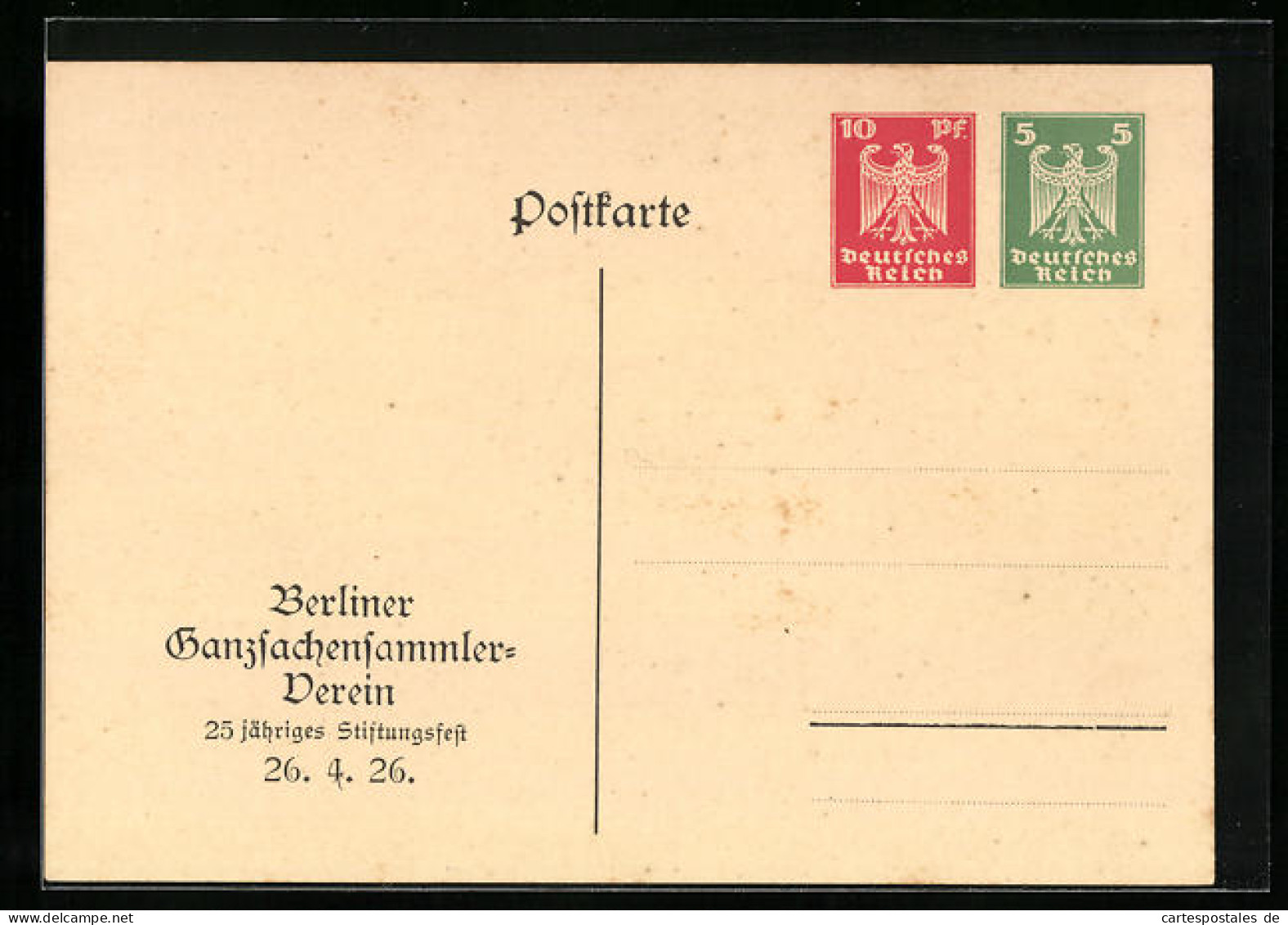 AK Berliner Ganzsachensammler-Verein, 25 Jähriges Stiftungsfest 26.04.1926, Ganzsache  - Briefmarken (Abbildungen)