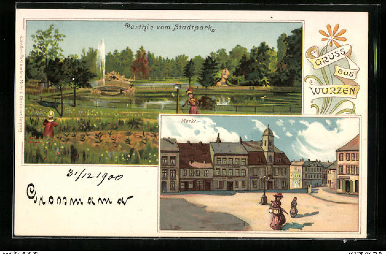 Lithographie Wurzen, Parthie Vom Stadtpark, Markt  - Wurzen