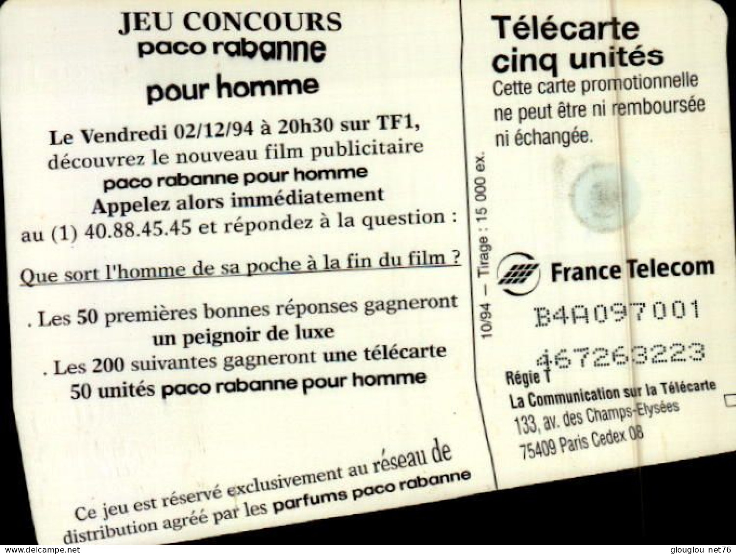 TELECARTE CINQ... PACO RABANNE POUR HOMME.. ...PETIT TIRAGE - 5 Unités