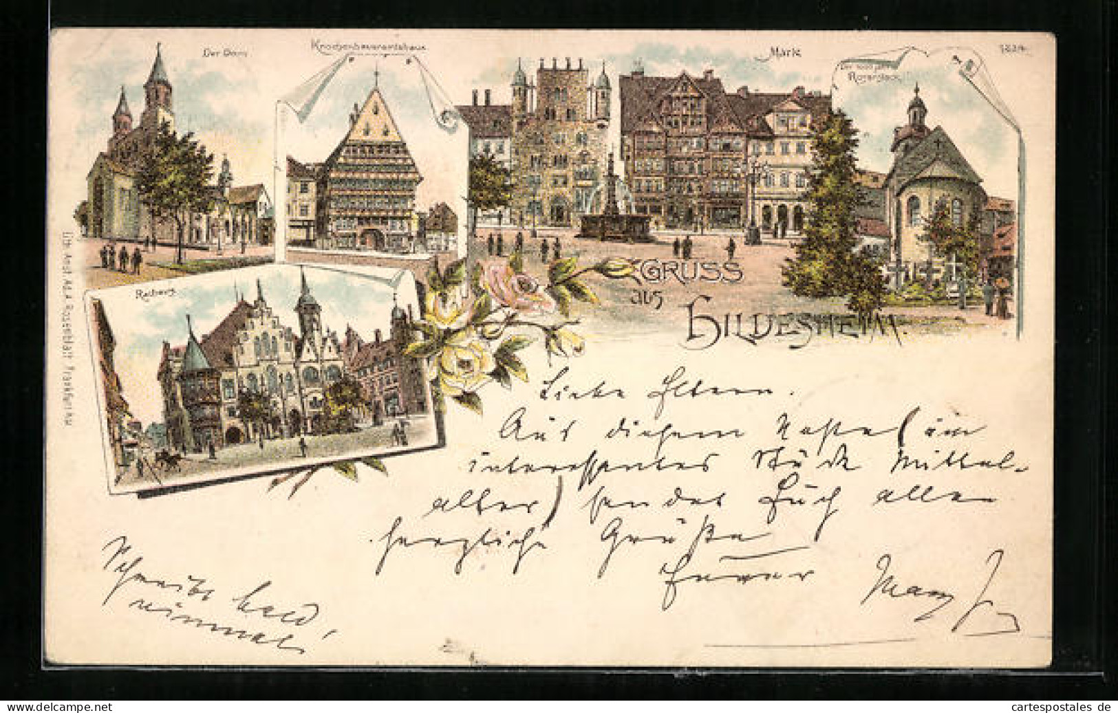 Vorläufer-Lithographie Hildesheim, Der Dom, Der 1000 Jährige Rosenstock, Knochenhaueramtshaus, Rathaus, 1893  - Hildesheim