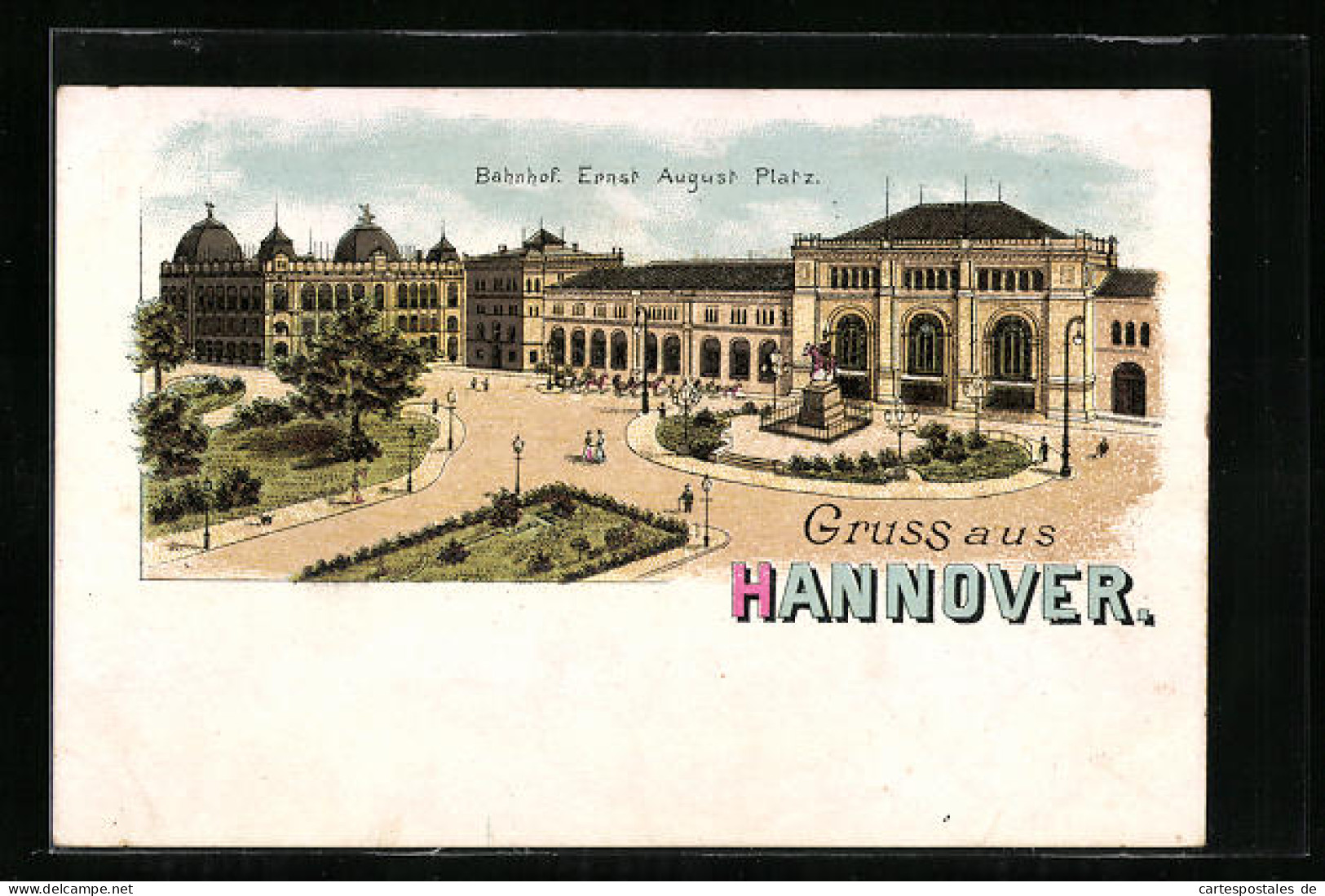 Lithographie Hannover, Ernst August-Platz Mit Bahnhof Und Denkmal  - Hannover