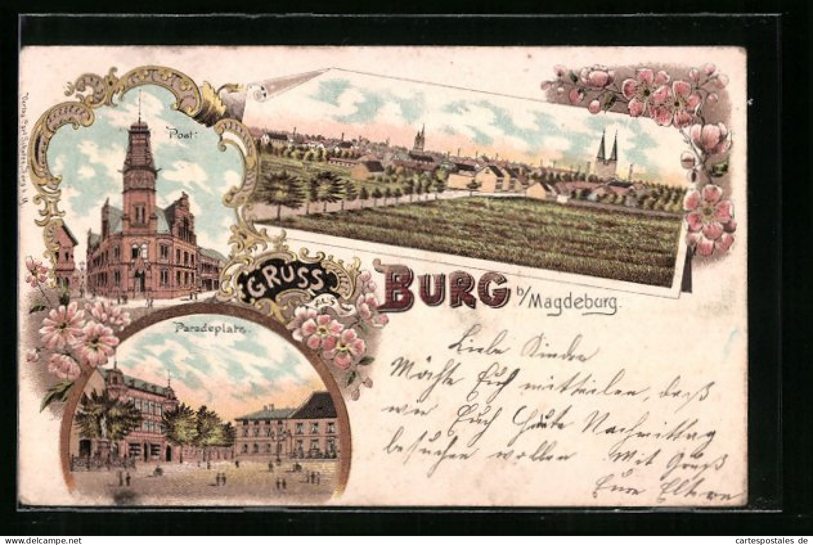 Lithographie Burg B. Magdeburg, Teilansicht, Post, Paradeplatz  - Magdeburg