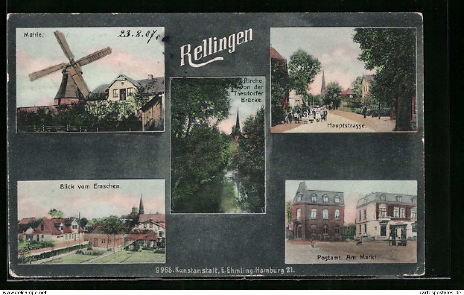 AK Rellingen, Postamt Am Markt, Windmühle, Kirche Von Der Thesdorfer Brücke, Blick Vom Emschen  - Windmühlen