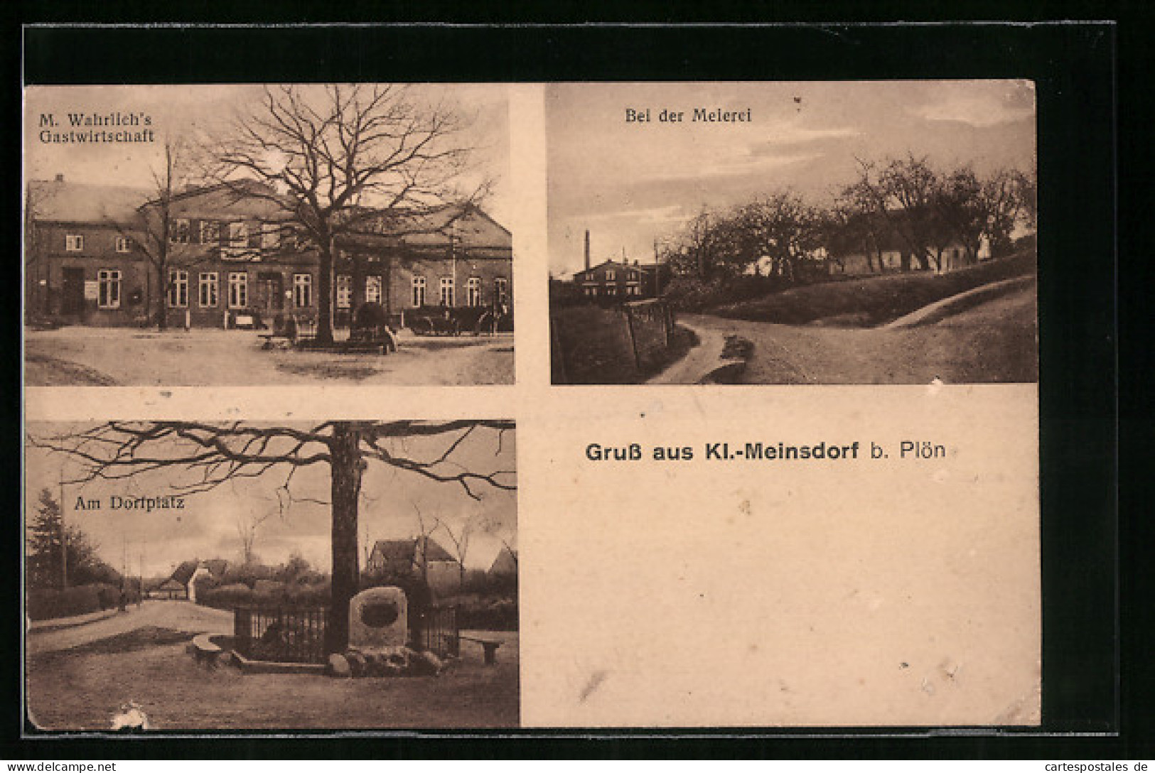 AK Kl.-Meinsdorf B. Plön, Gasthaus Von M. Wahrlich, Strassenpartie Bei Der Meierei Und Dorfplatz  - Ploen