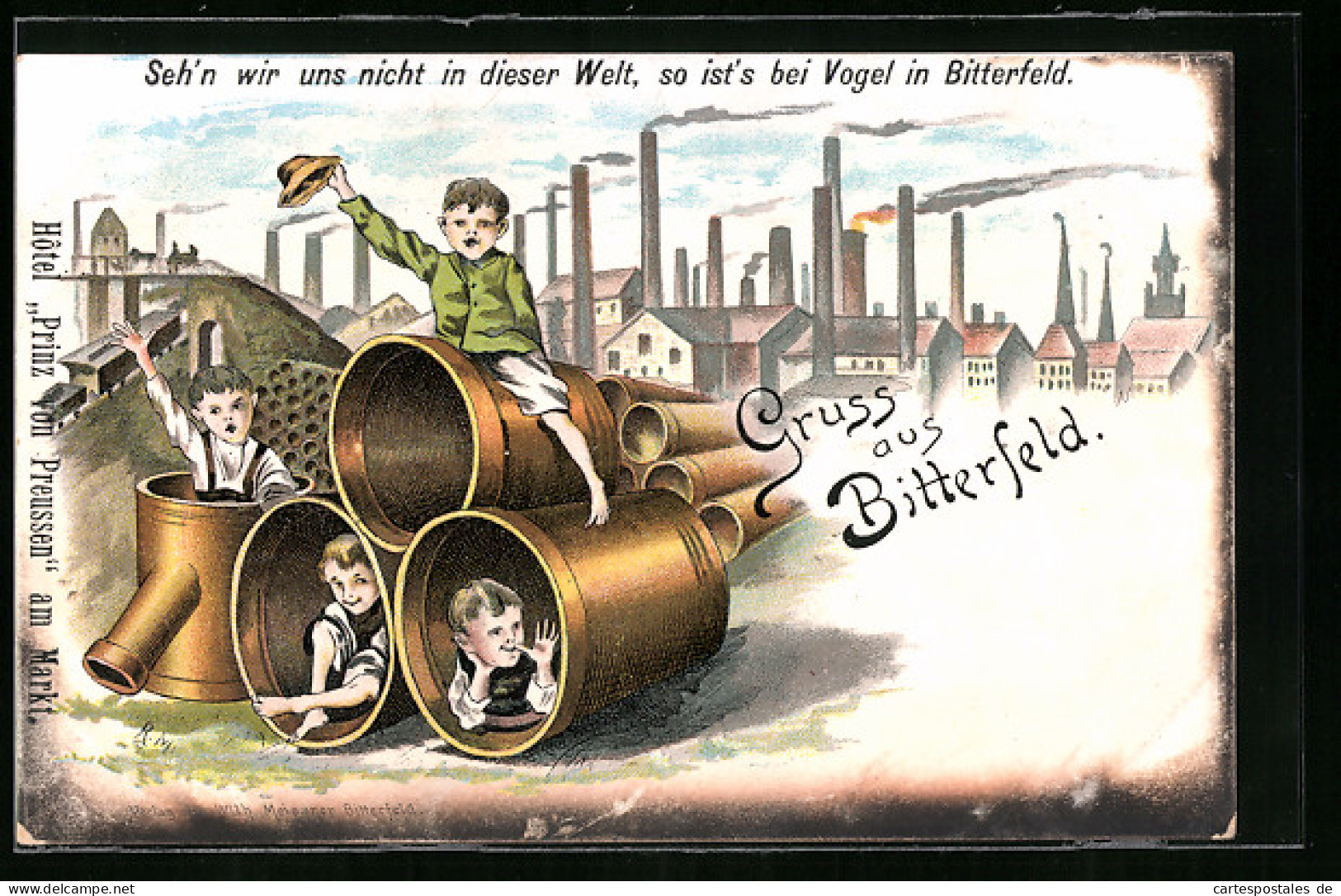 Lithographie Bitterfeld, Jungen In Röhren Vor Der Fabrik  - Bitterfeld