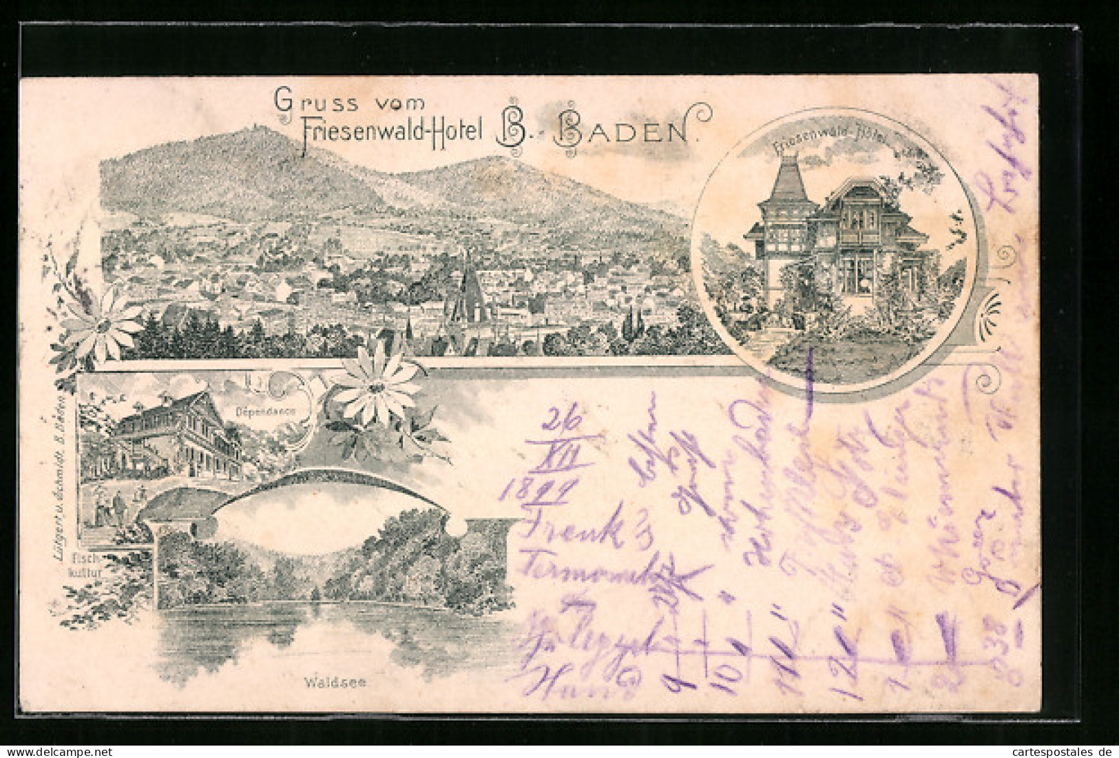 Lithographie Baden-Baden, Friesenwald-Hotel, Dépendence, Waldsee  - Baden-Baden