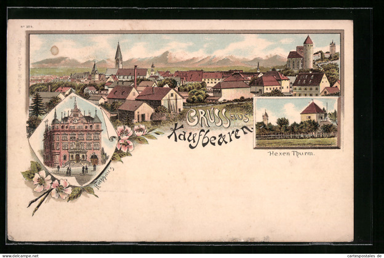 Lithographie Kaufbeuren, Rathhaus, Hexen Thurm, Gesamtansicht  - Kaufbeuren