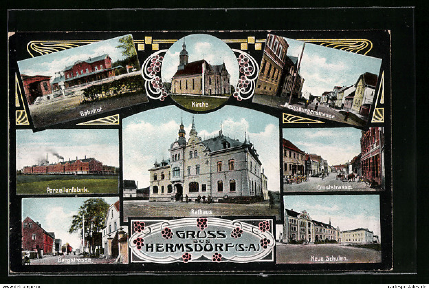 AK Hermsdorf /S. A., Bahnhof, Kirche, Naumburgerstrasse, Ernststrasse, Neue Schulen, Porzellanfabrik  - Hermsdorf