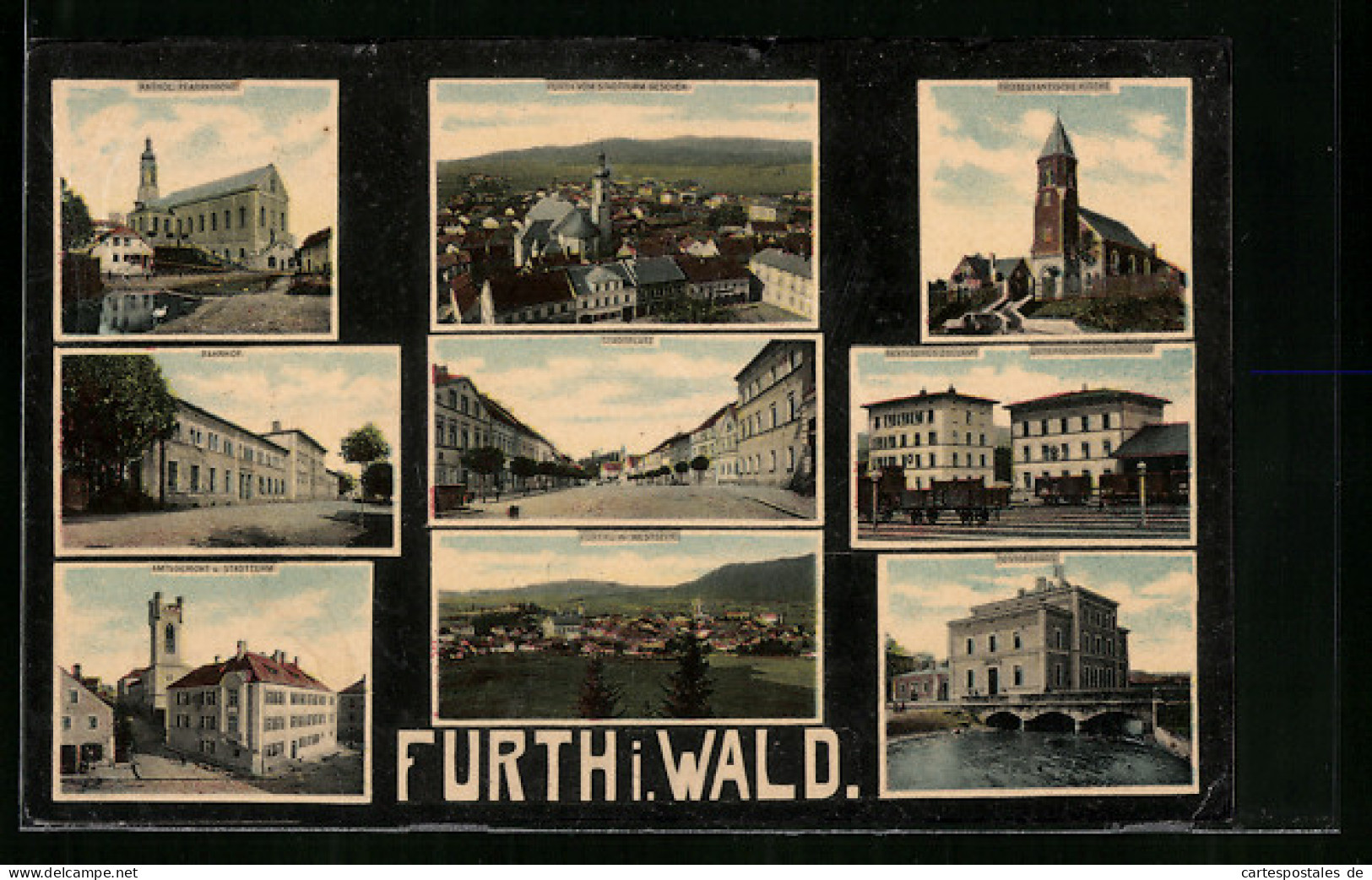 AK Furth I. Wald, Gesamtansicht, Amtsgericht, Protestantenkirche, Postgebäude, Stadtplatz  - Furth