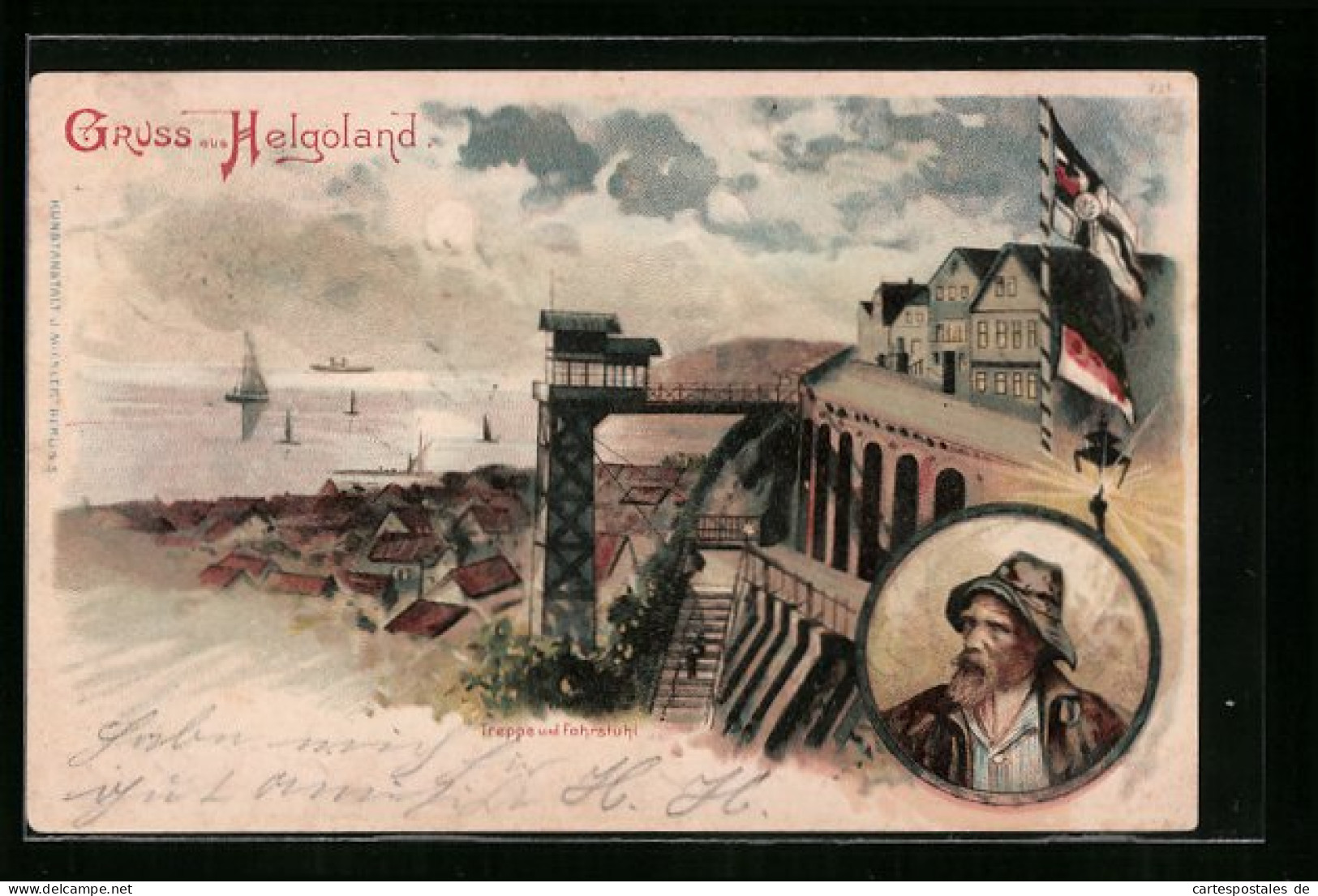 Lithographie Helgoland, Treppe Und Fahrstuhl, Fischer  - Helgoland