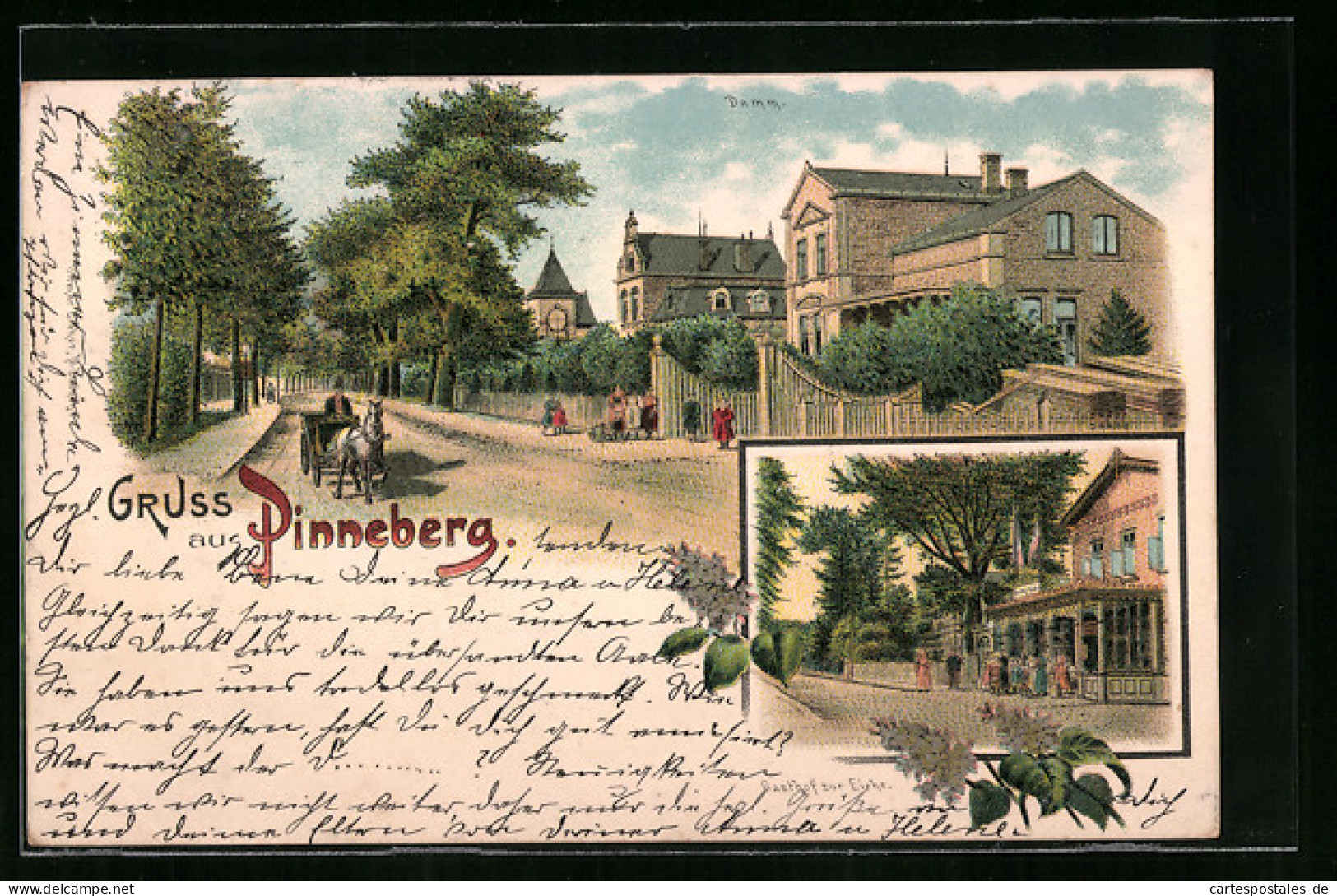 Lithographie Pinneberg, Gasthof Zur Eiche, Damm Mit Pferdewagen  - Pinneberg