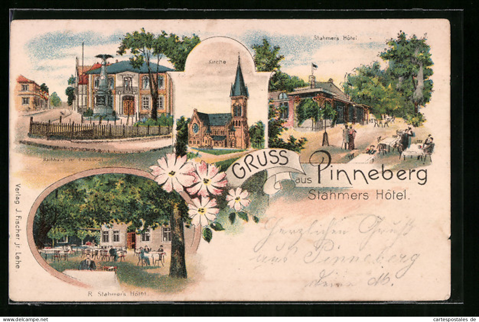Lithographie Pinneberg, Stahmers Hotel, Garten, Kirche  - Pinneberg