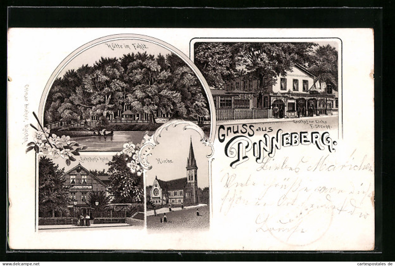 Lithographie Pinneberg, Bahnhof`s Hotel, Gasthof Zur Eiche, Hütte Im Fahlt  - Pinneberg