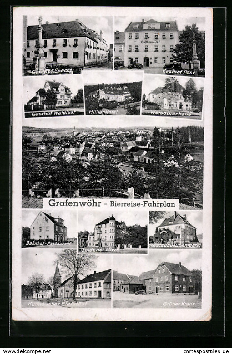 AK Grafenwöhr, Bierreise-Fahrplan, Gasthof Specht, Militär-Hotel, Bahnhof-Restaurant, Grüner Kranz  - Grafenwoehr