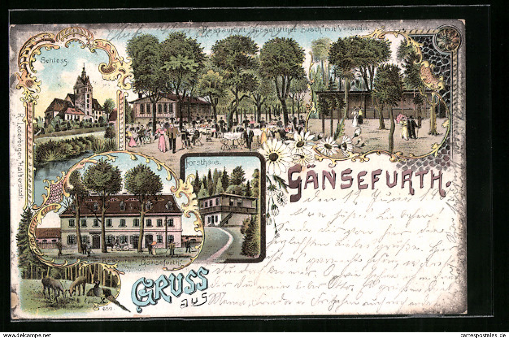 Lithographie Gänsefurth, Restaurant Gänsefurther Busch, Forsthaus, Schloss  - Chasse