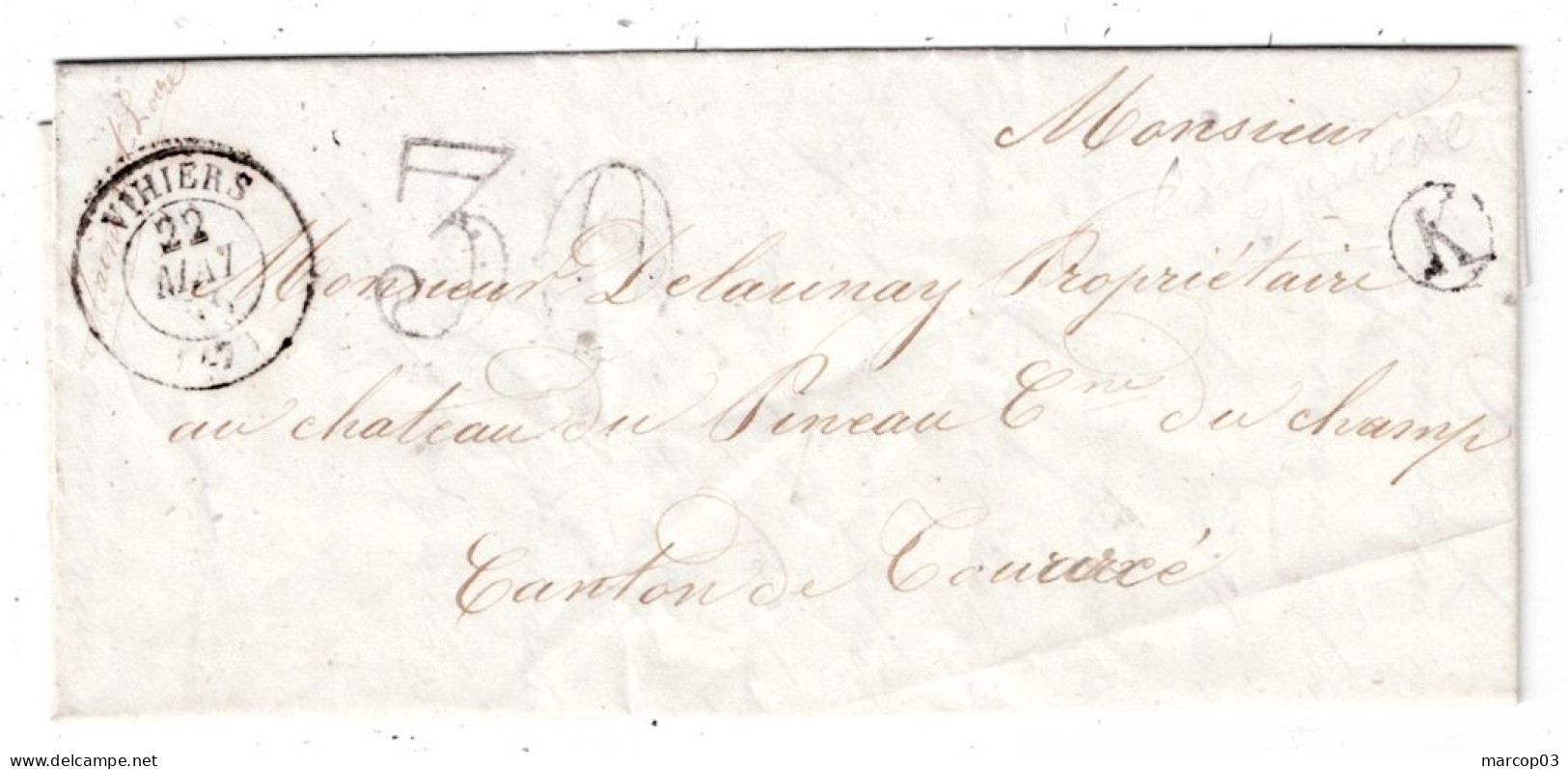 49 MAINE ET LOIRE VIHIERS LAC TAD Type 15 Du 22/05/1855 Taxe 30 DT Boite Rurale K = Garnière TTB - 1849-1876: Période Classique