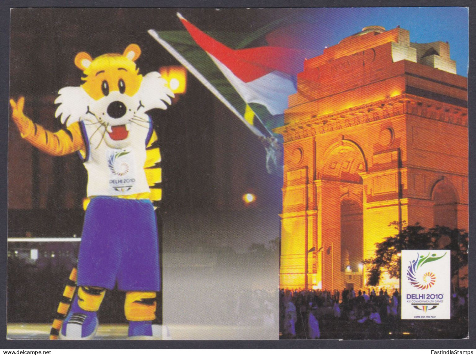 Inde India 2010 Mint Unused Postcard Delhi Commonwealth Games, Sport, Sports, India Gate, Indian Flag, Tiger, Mascot - Inde