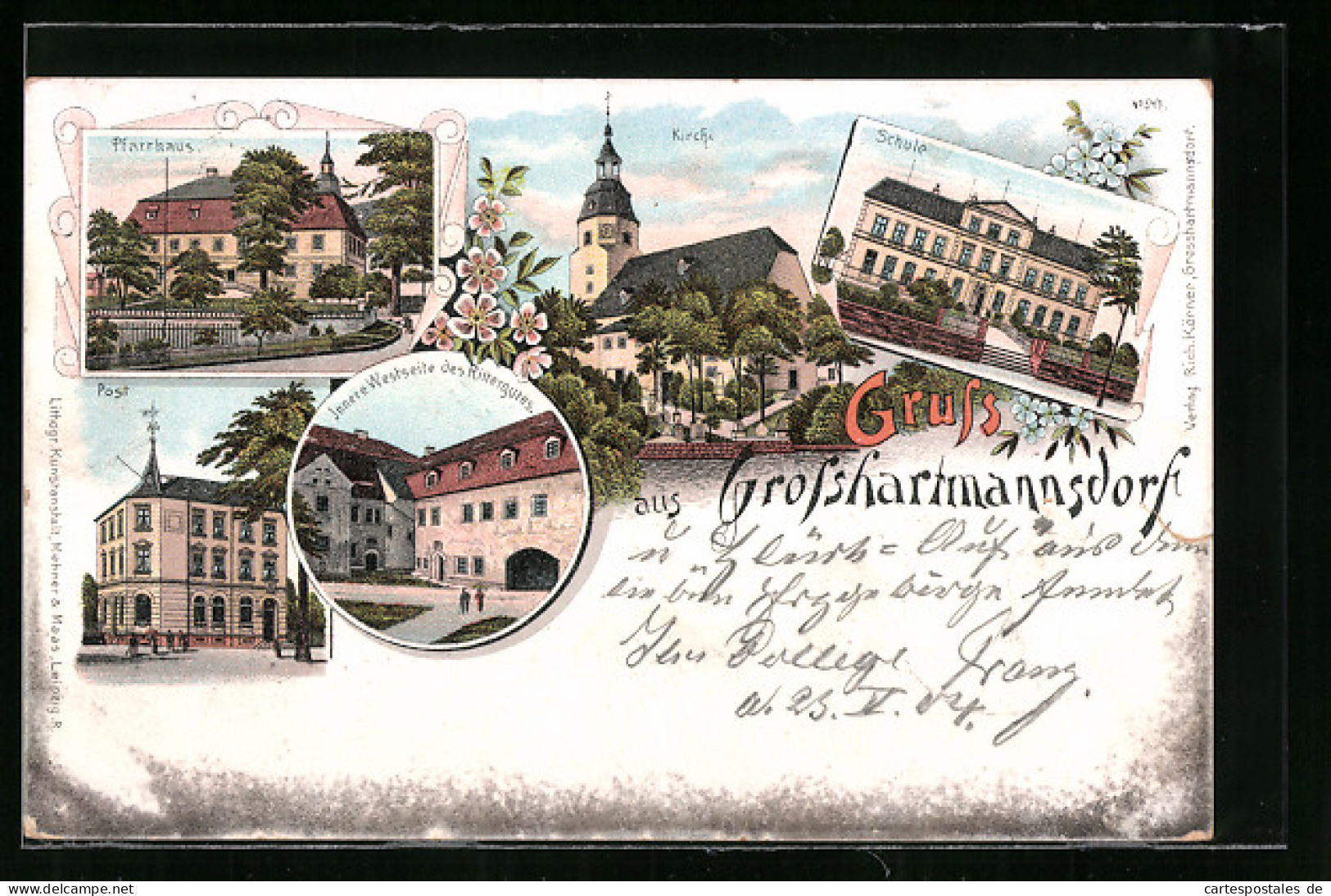 Lithographie Grosshartmannsdorf, Pfarrhaus Und Kirche, Post, Innere Westseite Des Rittergutes Und Schule  - Sonstige & Ohne Zuordnung