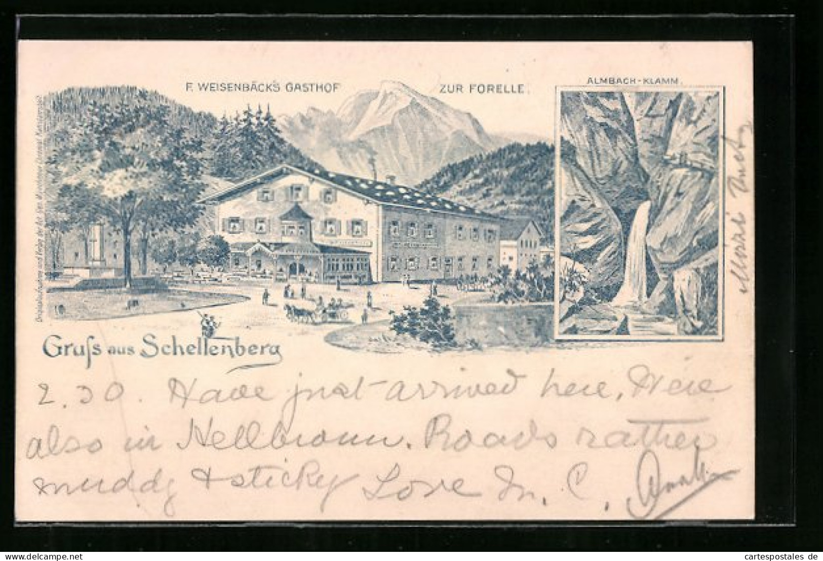 Lithographie Schellenberg, F. Weisenbäcks Gasthof Zur Forelle, Almbachklamm  - Other & Unclassified